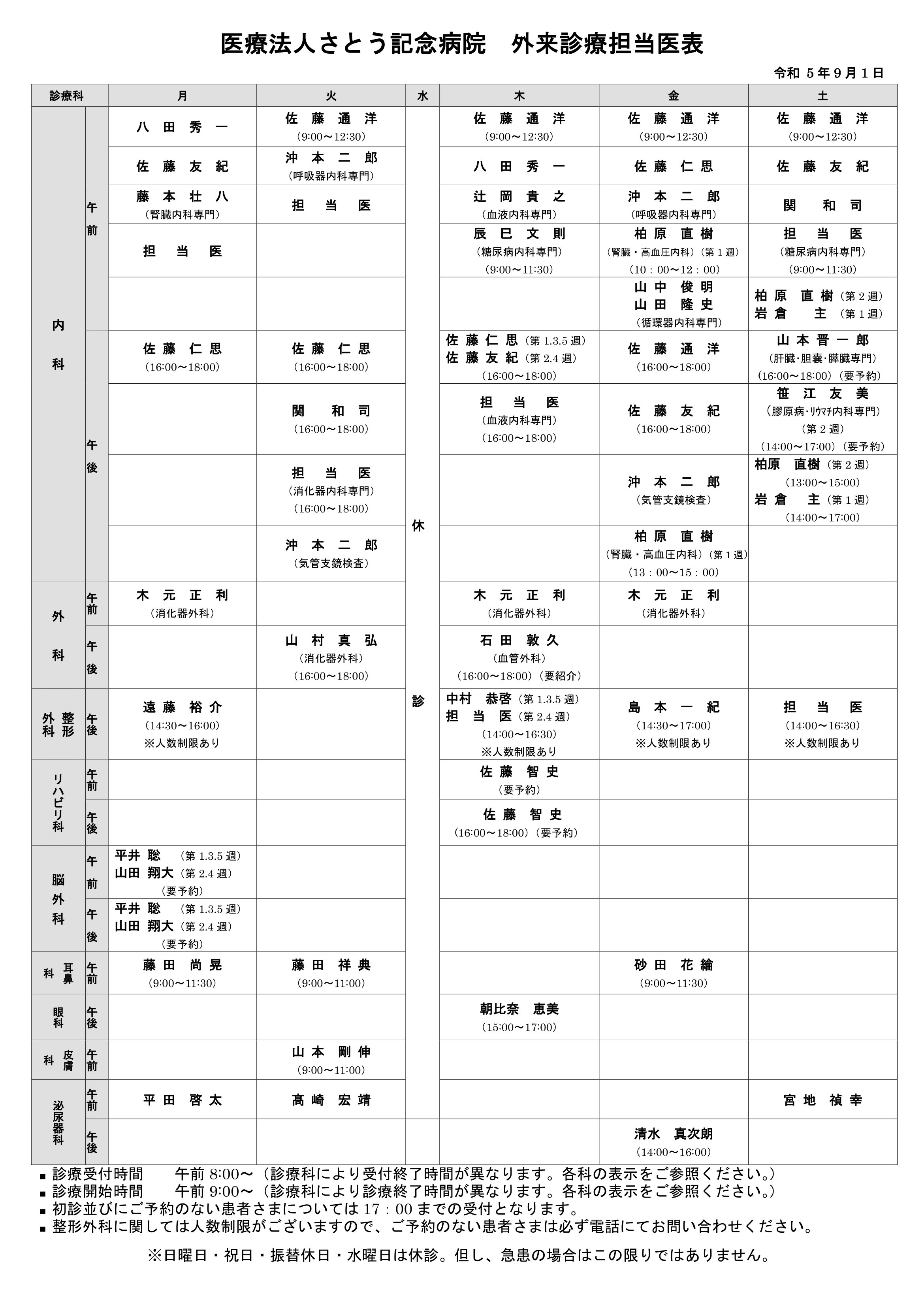 外来診療担当表 さとう記念病院